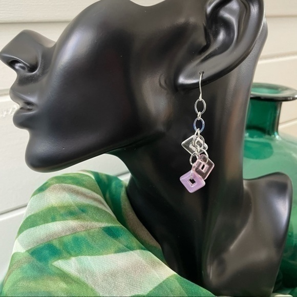 2/$29 Long Geometric Glass Square & Chain Earrings in Mixed Purple Clear - Picture 3 of 3